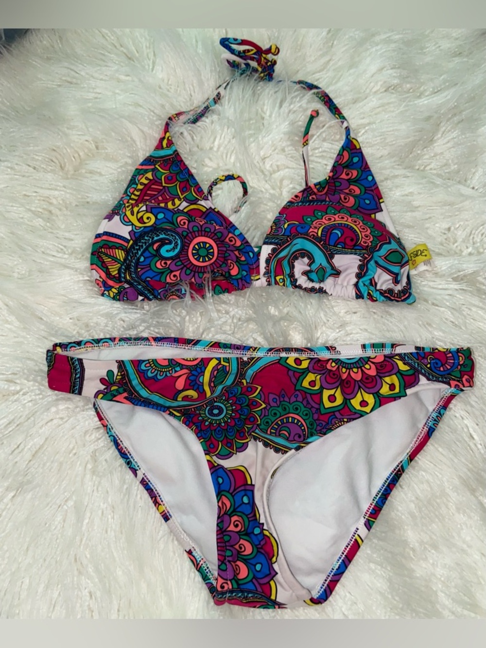 Women's Multicolor Paisley Halter Bikini Set - Bright Pink & Blue